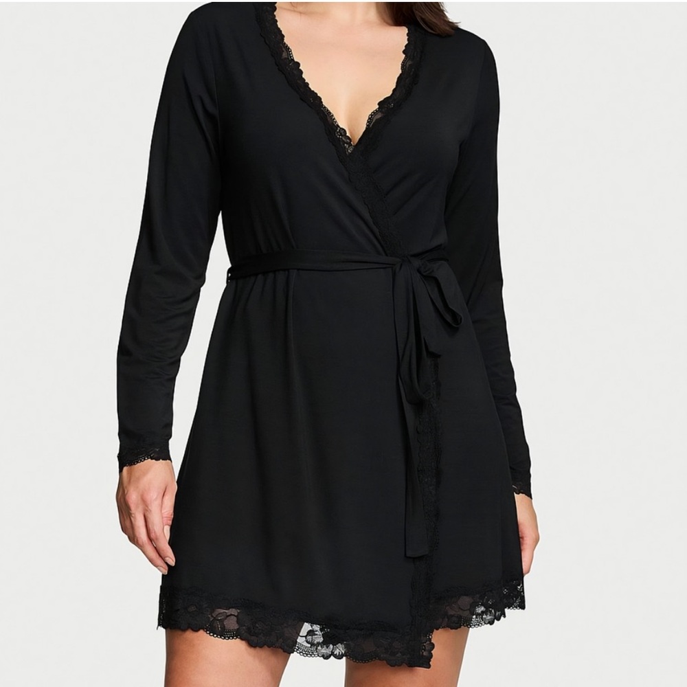 Victoria's Secret Women’s Modal Black Lace-Trim Tie Waist Short Robe Size XS/S